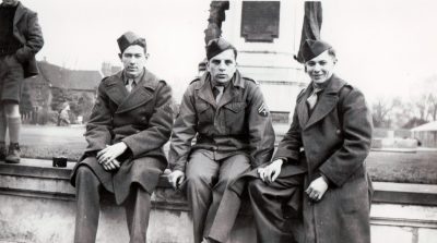 "Hank", "Cheety", and LeRoy Thielke. Taken in Burton, England, our last Sunday in England. February 1945.