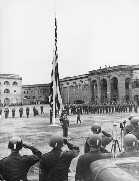 Third Army. American flag of last occupation reraised at Coblenz. 1945.